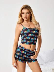 Tetris™ X SHEIN Women's Letter Print Camisole And Shorts Pajama Set, - Multicolor - View 4