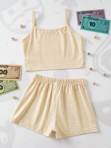 MONOPOLY X SHEIN 少女条纹圆领卡通字母印花吊带背心和松紧腰短裤休闲睡衣套装 - 黃色 - 查看 2