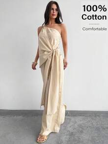 Firerie 优雅纯色精致休闲日常通勤新款街头时尚100%纯棉两件套女装，智能可调节腰部褶皱衬衫和裤子套装，新款简约优雅日常通勤杏色竹纤维V领上衣配腰带和高腰直筒阔腿裤套装，女士夏季棉质休闲套装 - 杏色 - 查看 6