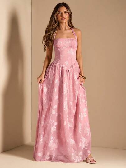 Floral Jacquard Halter Tie Ruched Bust Flared Dress, Pink Floral Dress, Elegant Dress, Vacation Dress, Bridesmaid Dress, Birthday Party Dress, Back To School/Graduation Dress