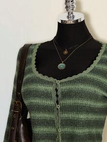 SHEIN ICON Bộ đồ nữ gồm áo và quần short kẻ sọc viền ren, kiểu dáng đơn giản. - màu xanh lá - Xem 5