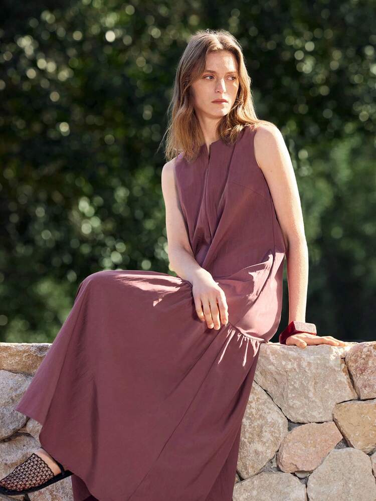 Women's Plum Purple Dusty Mauve,Summer,Casual,Occasion V-Neck Sleeveless Dress Comfortable & Skin-Friendly Textured Pleated A-Line Maxi Long Dress