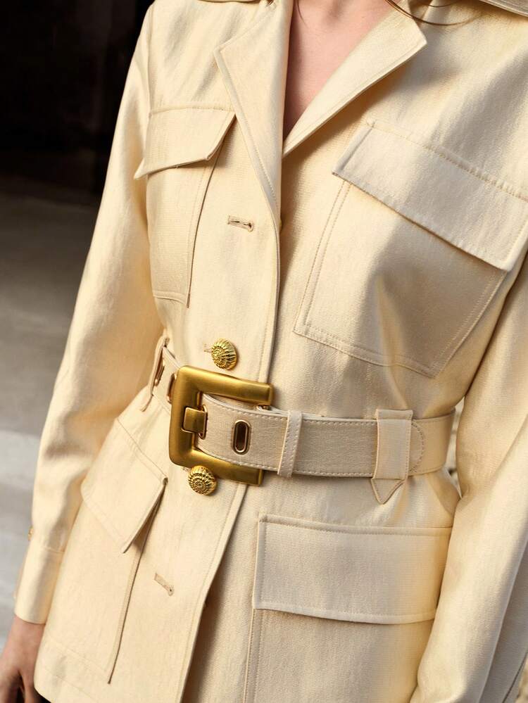 WOMEN'S WIDE SHOULDER CINCHED WAIST FLAP POCKET BELTED JACKET