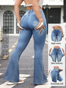 Flexra Jeans de pierna acampanada y elástica de color contrastante para mujer - Azul - Ver 3