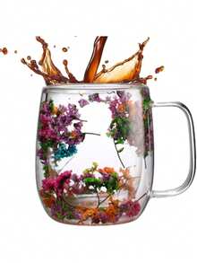 Cốc cà phê thủy tinh hai lớp có tay cầm, thiết kế độc đáo, chất lượng cao, trang trí bằng hoa khô và cát chảy. - Nhiều màu - Xem 5