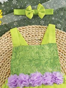 SHEIN 3pcs/Set Baby Girl Sequin Floral Print Bodysuit With Wings And Headband - Green - View 4