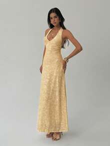 Aloruh White Flocked Elegant Backless Dress, Suitable For Valentine's Day And Wedding Season - Yellow - View 7