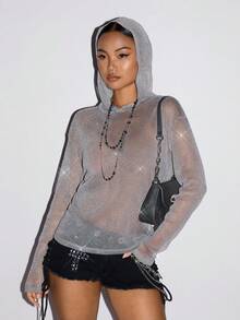 SHEIN ICON Women's Street Style Sheer Sparkly Drop Shoulder Hoodie - Grey - View 3