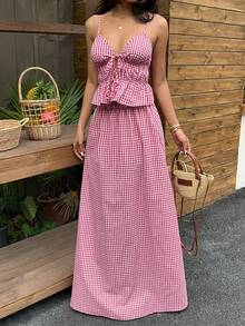 Sunnyshic Red Plaid V-Neck Tie-Front Ruffle Hem Camisole And Low-Waist A-Line Maxi Skirt 2-Piece Set, Women Spring/Summer Vacation Beach Bohemian Minimalist Casual Everyday Versatile - Red - View 7