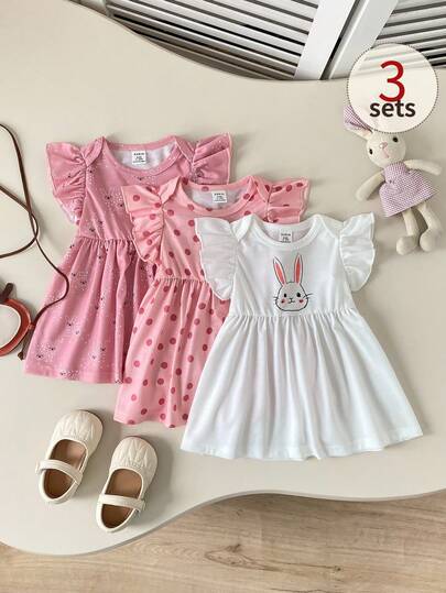 Playful Pals 3pcs/Set Newly Born Baby Girls Round Neck Puff Sleeve White & Pink Rabbit Animal Polka Dot Print Cute Casual Dress & Skirt Set, Suitable For Summer Daily Wear, Home Or Vacation