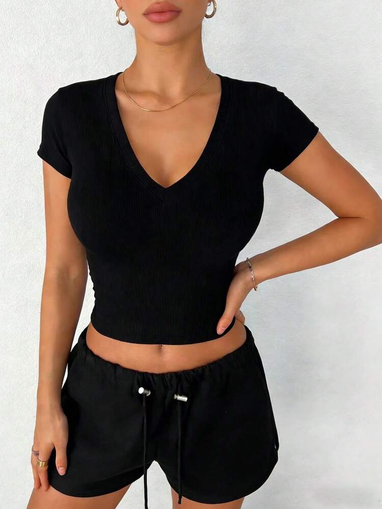 Women's V-Neck Short Sleeve Fitted Casual Street T-Shirt Crop Tops Women