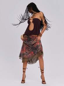 ROMWE Y2K Áo hai dây nữ màu trơn, đính kim loại, khoét rỗng, gợi cảm, đa năng, thích hợp cho hẹn hò và đi chơi. - màu nâu - Xem 4