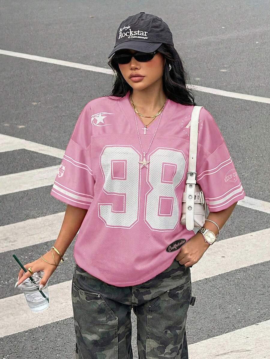 SHEIN Teen Girls' V-Neck Pink Summer Y2K Holiday Jersey Streetwear,Oversized Number Graphic Baseball T-Shirt,Loose Contrast Color Short Sleeve Sports Tops - Pink - View 1