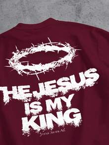 Manfinity ZONE917 Men's Casual Letter Print Round Neck Short Sleeve Loose Cropped T-Shirt, Summer - Burgundy - View 3