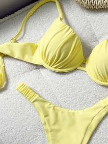 Yellow Tie-Up Bikini With Underwire & Spaghetti Strap - Yellow - View 7