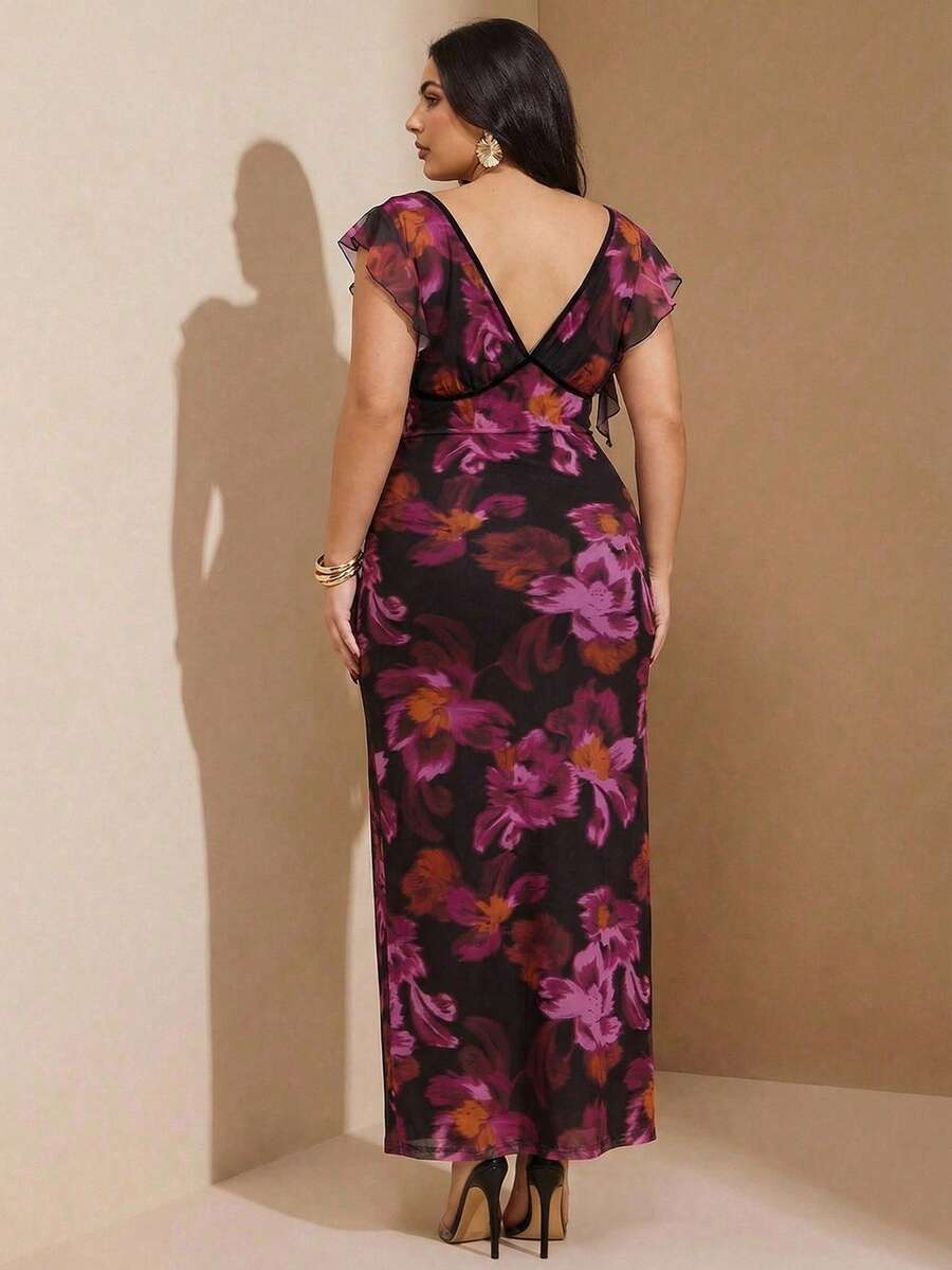 SHEIN BAE 大码女式紫色V领荷叶边连衣裙 - 紫色 - 查看 1