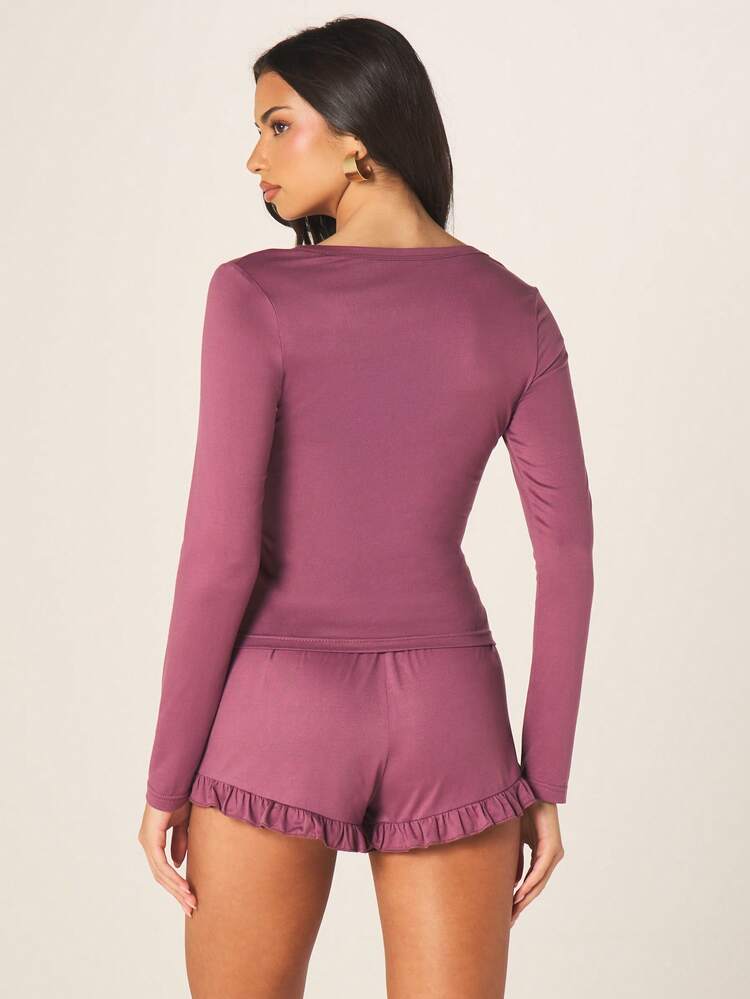 MISSGUIDED 여성 투피스 러플 헴 라운지 세트 긴팔 상의 매칭 반바지 캐주얼 잠옷 잠옷 가을 겨울 편안함