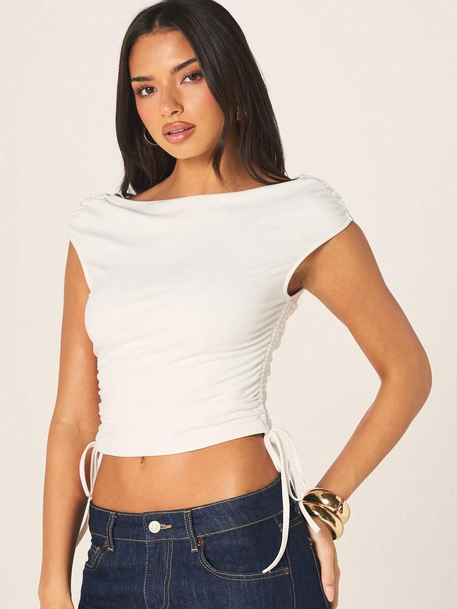 MISSGUIDED Damen Boot-Ausschnitt Geraffter Seitenbindung Drapierte Rückseite Kurze Ärmel Crop Top Sommer Mode Lässige Weiße Bluse - Weiss - Übersicht 1