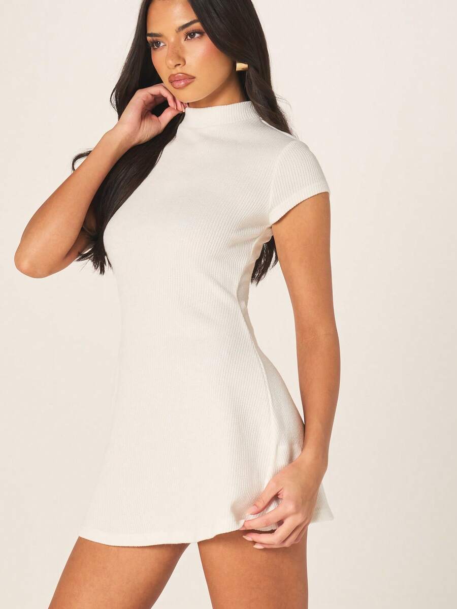 MISSGUIDED Women's Ribbed Knit High Neck Short Sleeve Bodycon Mini Dress Fitted Casual Day Evening Wear - White - View 1