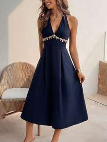 Lucivie Đầm midi nữ màu xanh navy cổ yếm khoét sâu cổ chữ V đính hạt, kiểu dáng thanh lịch và thoải mái - Đầm dự tiệc cocktail không tay dành cho nữ. - Màu xanh lam - Xem 6