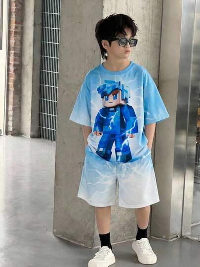 SHEIN 两件套青少年男童街头风休闲趣味3D图案短袖圆领T恤和松紧腰短裤套装，适合秋季、春季、夏季、户外玩耍、上学、街头风、派对和休闲场合。