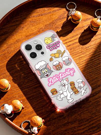 TOM & JERRY X SHEIN 汤姆和杰瑞派对手机壳，透明TPU软壳，粉色边框，可爱卡通食物涂鸦印花，“派对开始”和“奶酪日”设计，日常使用及生日/派对礼物，卡通爱好者的理想之选，兼容iPhone，兼容iPhone 11/12/13/14/15/16/17 Pro Max，手机配件