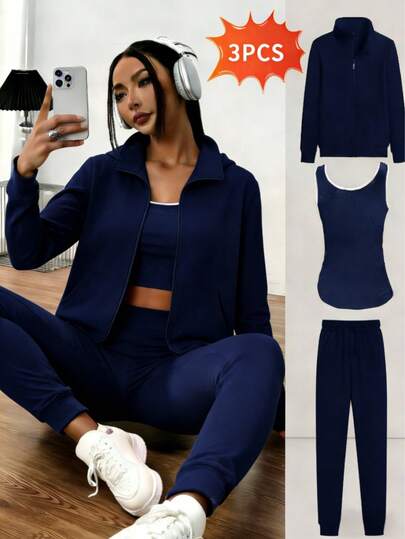 Conjunto de entrenamiento de 3 piezas para mujer, sudadera con capucha y pantalones largos para correr,chaleco sin mangas