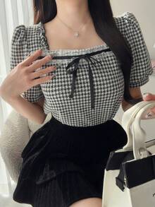 FRIFUL 女士千鸟格前系带短款花瓣袖时尚T恤 - 黑色 - 查看 3