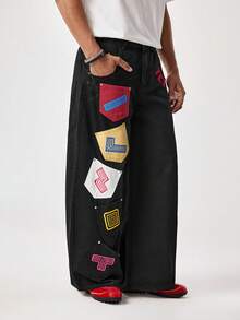 Tetris™ X SHEIN Men's Pocket Button Letter Graphic Casual Versatile Daily Wear Wide Leg Jeans - Black - View 6