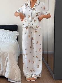 SHEIN Napfluff 可爱卡通熊印花蝴蝶结上衣和裤子女士睡衣套装，柔软睡衣套装，熊印花睡衣，可爱睡衣，春夏服装，可爱泰迪熊睡衣套装，卡哇伊睡衣，可爱睡衣套装 - 棕色 - 查看 5