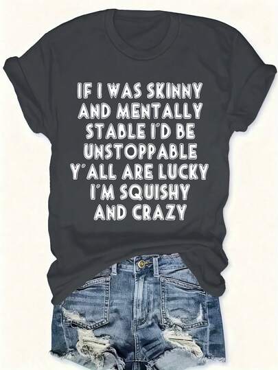 SHEIN LUNE Plus Women's Slogan Graphic Summer Dark Grey Crew-Neck T-Shirt Graphic Tees Women Tops