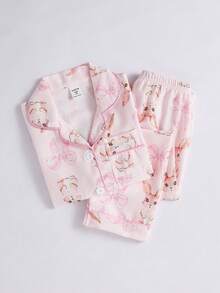 SHEIN 2件套 女童可爱兔子印花短袖开衫和宽松长裤休闲舒适家居服套装 - 淺粉色 - 查看 7