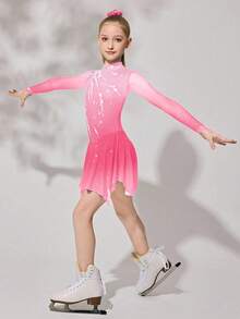 Tween Girls Figure Skating Dress, Pink Floral Design, High Stretch Fitted Silhouette With Sparkling Crystal Print, Smooth Flowing Mesh Skirt - Pink - View 6