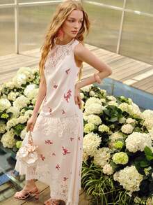 MOTF PREMIUM WOMEN'S ELEGANT LACE PATCHWORK DESIGN LONG DRESS, SPRING/SUMMER GRADUATION GUEST BLUSH PINK - Pink - View 7