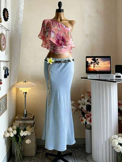 Lyxana Áo kiểu nữ in hoa, viền bèo nhún, lệch vai, phong cách thường ngày.