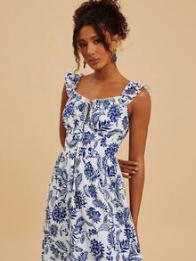 Travachic Women's Floral Print Ruffle Trim Front Tie Casual Dress - Blue and White - View 4