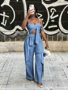 Slaydiva Women's Fashion Avant-Garde Asymmetric Criss-Cross Single Side Tie Strap Zipper Closure Fitted High Waist Denim Jumpsuit - Blue - View 7