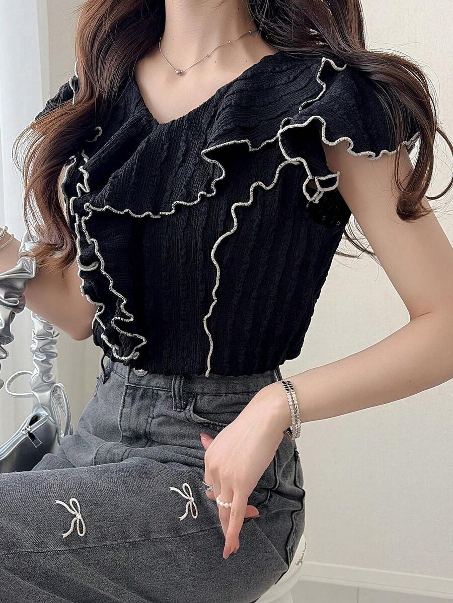 FRIFUL Áo kiểu nữ thanh lịch, xếp ly, có họa tiết, thích hợp cho mùa hè. - màu đen - Xem 1