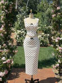 SHEIN MOD 两件套女士波点修身吊带背心和中长裙套装，适合春夏穿着 - 彩色 - 查看 5