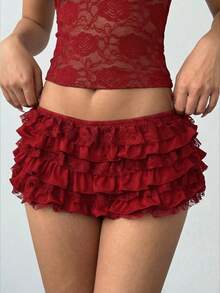 Aloruh Women's New Sexy Lace Solid Black Ruffle Hem Low Waist Shorts Hotpants - Red - View 6