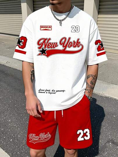 Aesthetic Post Conjunto de camiseta de manga corta y pantalones cortos casuales minimalistas deportivos con eslogan gráfico "23 New York" para hombres, conjunto de 2 piezas de manga corta y pantalones cortos para primavera/verano, conjunto de pantalones cortos rojos y blancos para hombres, ropa Y2K para hombres, conjunto de pantalones cortos de hip hop para hombres, conjunto de pantalones cortos para outfit de verano, vacaciones, casual, playa, regalo para el novio