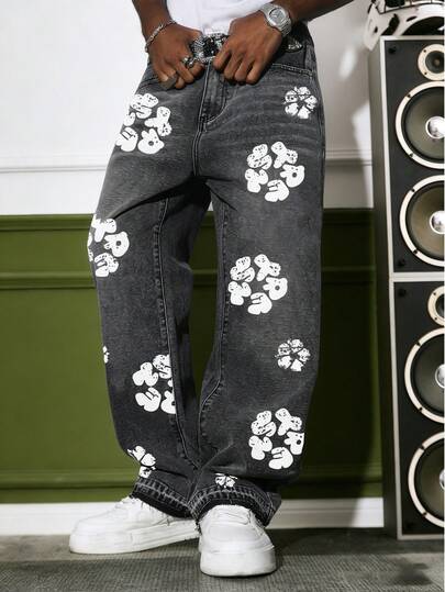 GALLERY FADE Jeans de pierna recta holgados con estampado floral vintage para hombre
