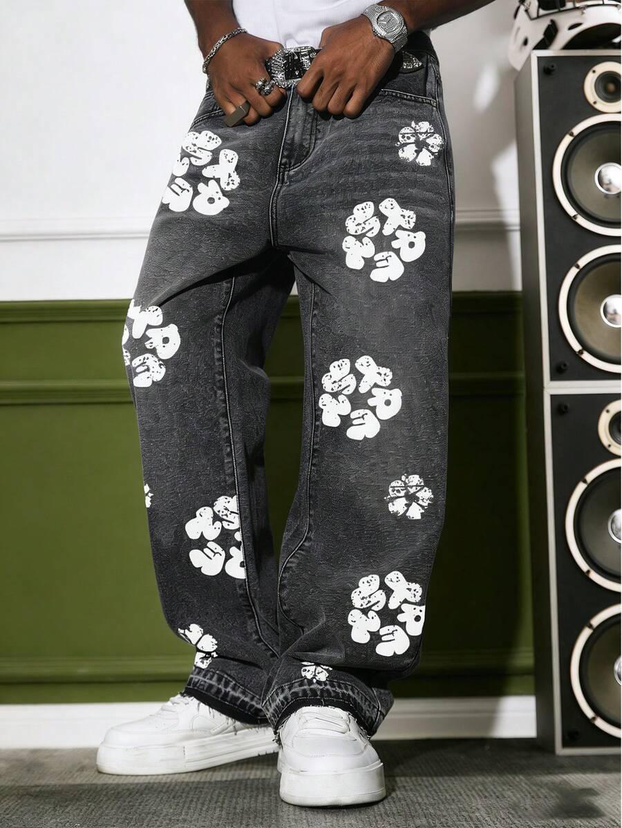 GALLERY FADE Quần jeans denim dáng suông rộng, in họa tiết hoa cổ điển dành cho nam, chất liệu denim đã qua xử lý. - Xám - Xem 1