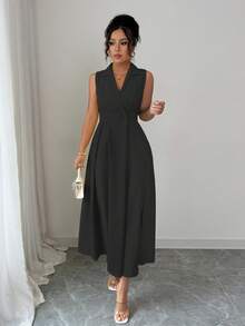 Elenzga 优雅休闲无袖翻领纽扣长连衣裙（女款） - 黑色 - 查看 5