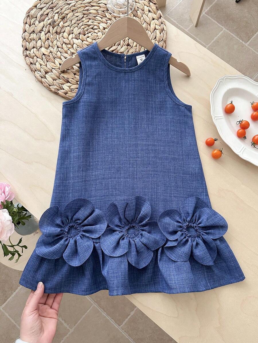 LMoss Kids Đầm dệt hoa màu xanh dương trơn cổ tròn không tay cho bé gái