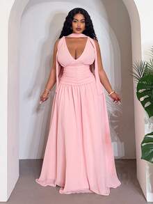 Slaydiva 春夏新款优雅性感无袖系带露肩深V领收腰连衣裙，喇叭裙摆，轻盈雪纺面料，大码 - 淺粉色 - 查看 7