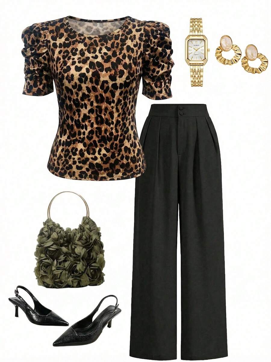 SHEIN Clasi Women's Leopard Print Round Neck Short Petal Sleeve T-Shirt - Multicolor - View 1