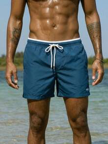 Horizaway Men's Swimming Trunks Drawstring Waist Front Tie Pocket Double Side Plain Color Resort Casual - Blue - View 4