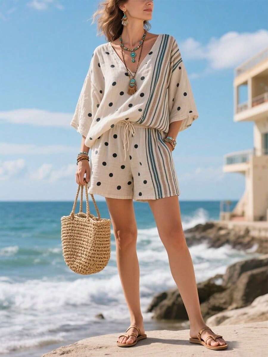 EMERY ROSE 女士度假休闲波点印花拼接条纹衬衫短裤两件套，休闲女装，夏季度假套装，度假套装，女士两件套短裤套装，女士短裤套装，两件套家居服，夏季家居服，舒适两件套短裤套装，女士度假套装，女士海滩度假套装，女士海滩套装，沙滩装，沙滩罩衫套装，女士夏季套装，女士海滩度假套装，女士外出套装，夏季度假套装，女士休闲套装 - 彩色 - 查看 1