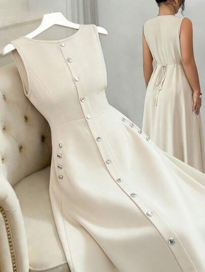 SHEIN Elenzya 女士纯色米色无袖单排扣金属装饰圆领腰部系带蝴蝶结优雅通勤日常派对双面可穿夏季新款